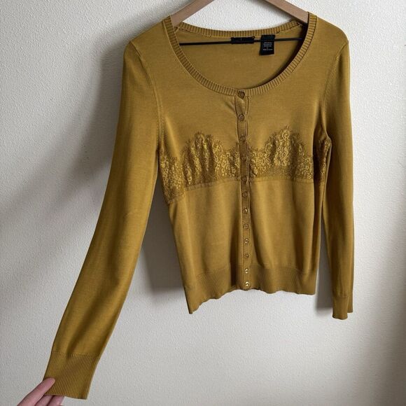 Vtg Y2K Moda International Sweater Womens Large Mustard Yellow Cardigan Lace 90s - Picture 6 of 14